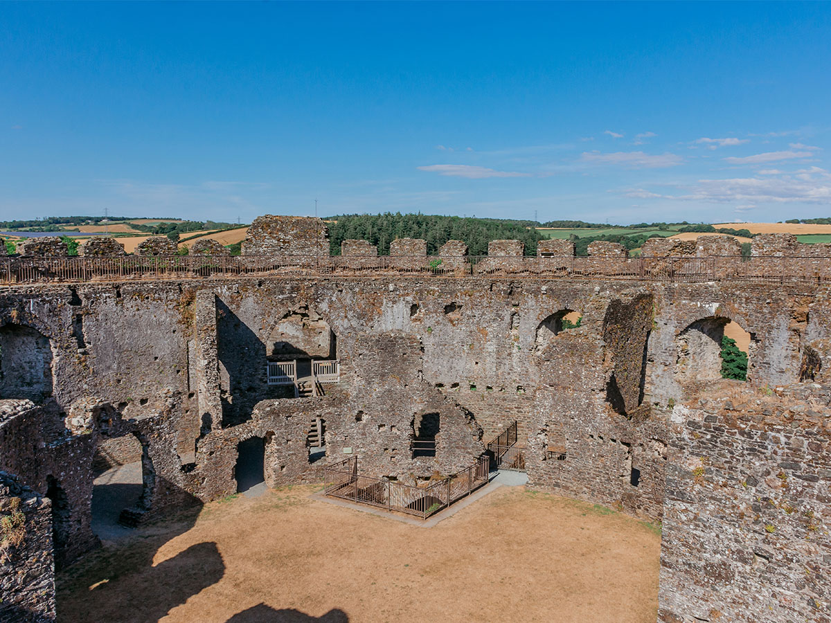 View inside the keep of the ruined Restormel Castle on a sunny day