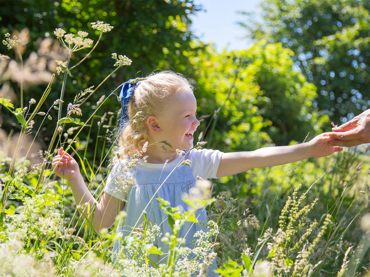 A smiling little girl holds out her hand in a wildflower meadow on a sunny day
