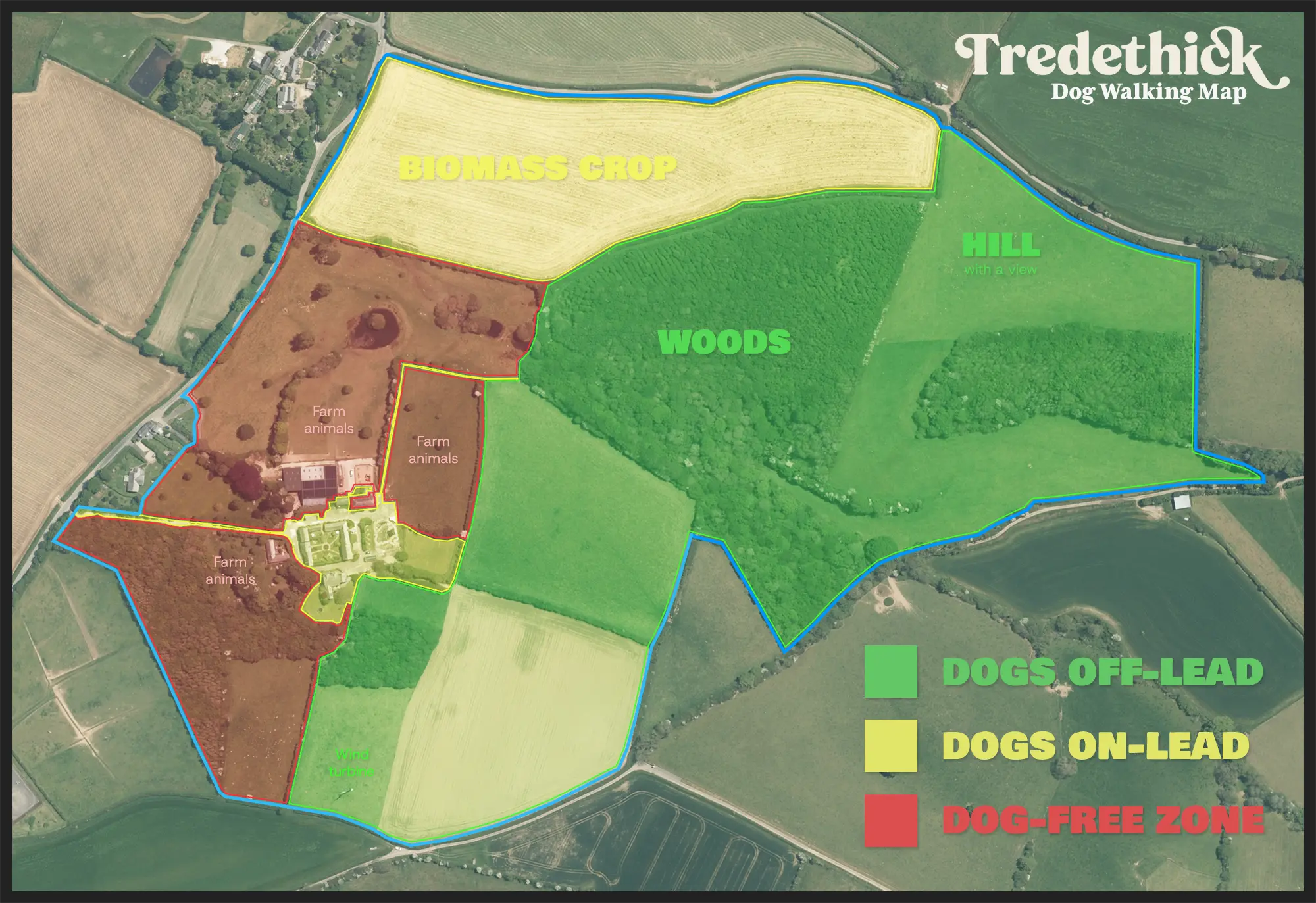 Map showing on-lead, off-lead and dog-free zones at Tredethick