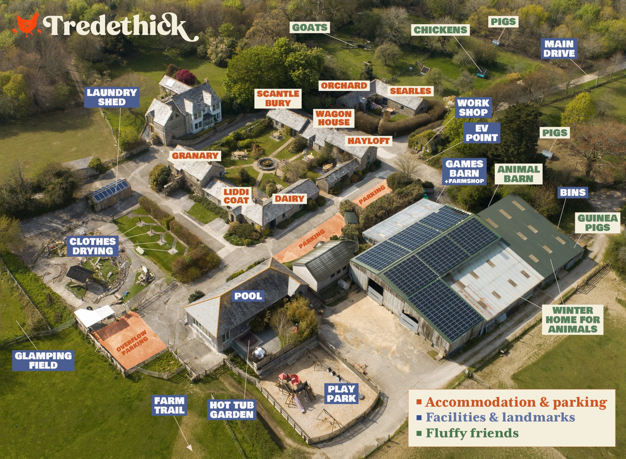 Aerial map showing the cottages, animal areas and guest facilities at Tredethick Farm Cottages.