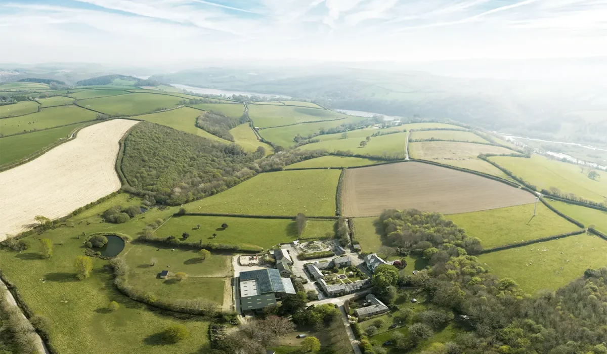 Aerial view of Tredethick Farm Cottages surrounded by fields and woodland.
