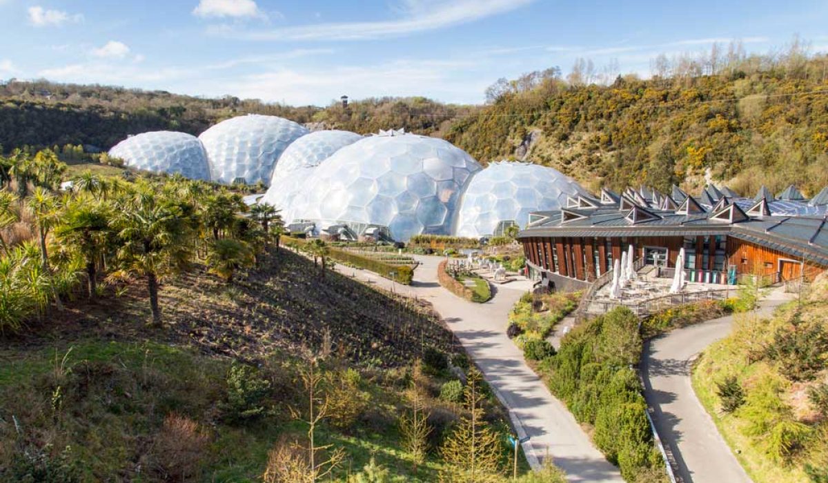The Eden Project biome domes and the path leading to them on a sunny day