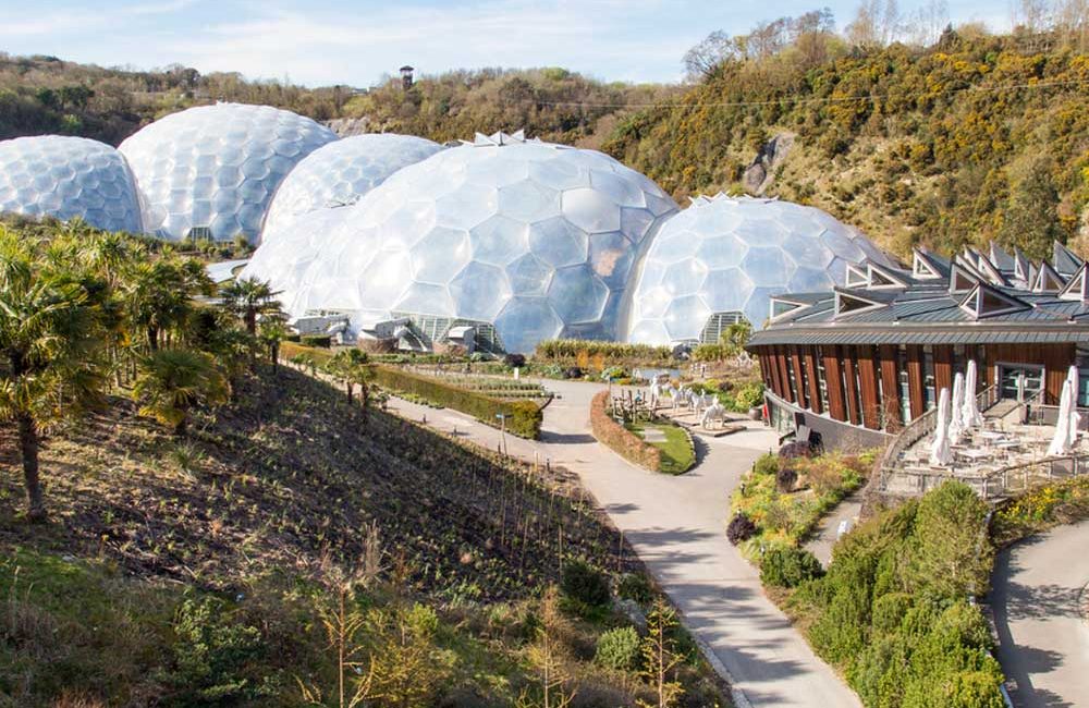 The Eden Project biome domes and the path leading to them on a sunny day