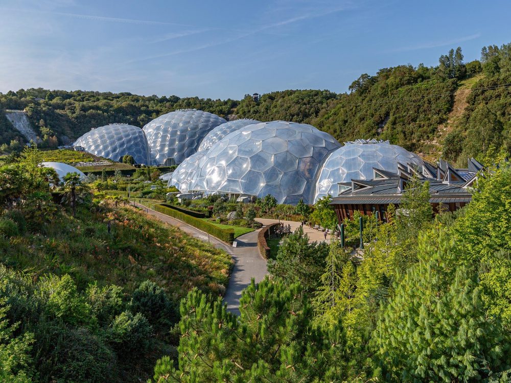 The Eden Project’s large geodesic Biomes set among the surrounding gardens.